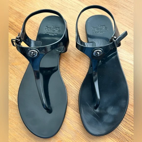 Coach Glossy Black “Pelican” Jelly T-Strap Sandals - Picture 9 of 9
